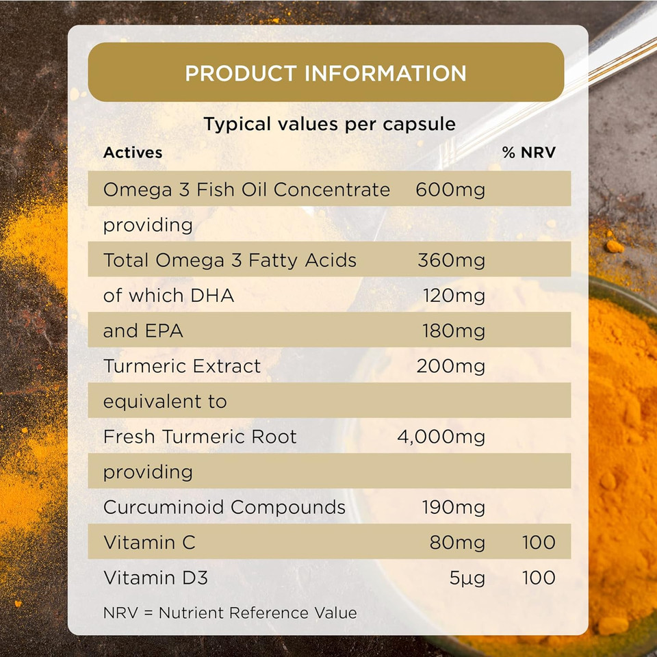 Healthspan Turmeric & Omega 3 | 30 Capsules | Added Vitamin C & Vitamin D3 | Heart, Joint & Bone Health | Sustainably Sourced