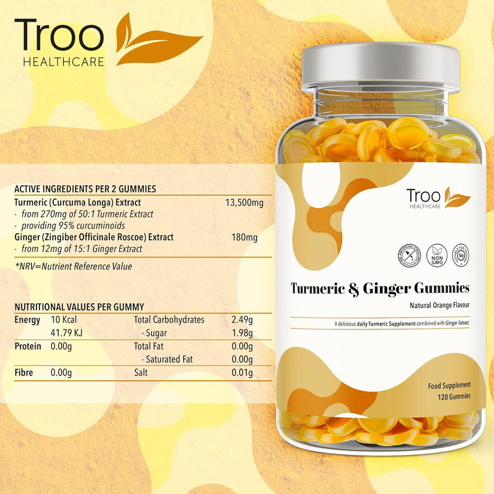 Turmeric Curcumin With Ginger - 120 Natural Orange Flavour Chewable Gummies - Delicious Daily High Strength Gummy Supplement For Adults - Non Gmo - Vegan Friendly