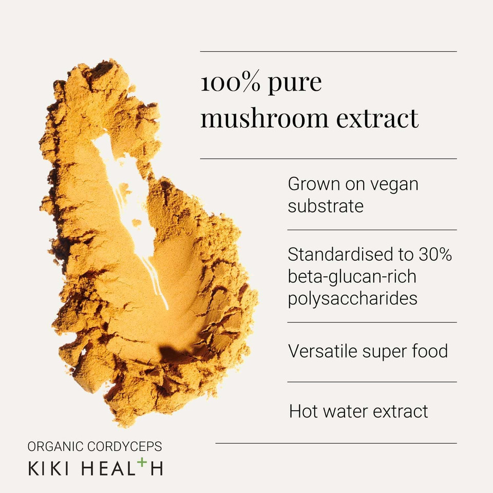 KIKI Health Premium Organic Cordyceps Mushroom Powder Extract | Immune Support & 100% Fruiting Bodies | Non-GMO Supplement & Vegan Sourced| Full-Spectrum Mushroom Extract Supplement - 50g