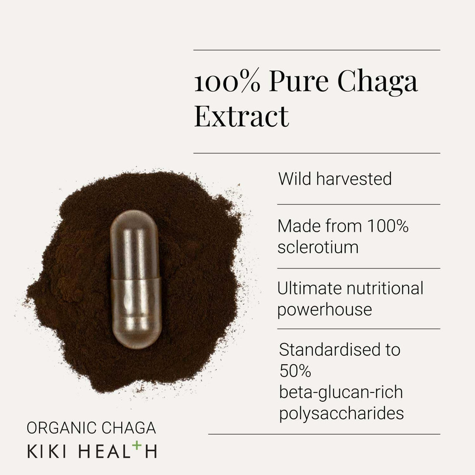 KIKI Health Premium Organic Chaga Mushroom Extract Vegetarians | Immune Support Vitality & Balance | Sourced Birch Trees & 50% Polysaccharides | Ethically Wild Harvested  60 Vegetarians Capsules
