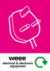 PCA4WE - Large, A4 sticker with white outline of a electrical plug situated on bright pink background, featuring recycling log and WEEE Electrical & Electronic Equipment text