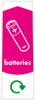 PC115B - A narrow sticker with the white outline of a battery situated on pink background and featuring the recycling logo and batteries text