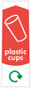 PC115CU - Narrow sticker with the white outline of a cup on red background, featuring recycling logo and plastic cups text