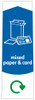 PC115PC - Narrow sticker with the white outline of paper & cardboard boxes on blue background, featuring recycling logo and mixed paper & card text