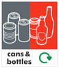PC85CB - A small square sticker with the white outline of cans & bottles situated on a grey and red background featuring the recycling logo and cans & bottles text