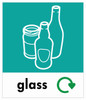 PC85G - A small square sticker with the white outline of bottles and jars on mint background, featuring the recycling logo and glass text