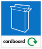 PC85C - A small square sticker with the white outline of a box situated on blue background and featuring the recycling logo and cardboard text