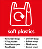 PC85SP - A small square sticker with white outline a carrier bag situated on red background and featuring soft plastics text with a list of acceptable packaging