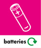 PC85B - A small square sticker with the white outline of a battery situated on pink background and featuring the recycling logo and batteries text