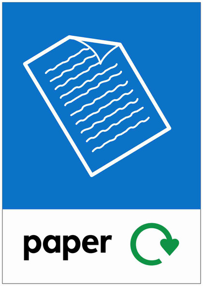 PCA4P - Large, A4 sticker with white outline of a paper document on blue background, featuring recycling logo and paper text