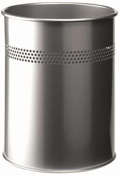 Durable Round Metal Waste Basket with Perforated Ring - 15 Ltr - Silver - 330023