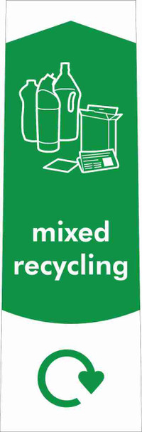 PC115MR - Narrow sticker with the white outline of newspaper, box and bottles on green background, featuring recycling logo and mixed recycling text