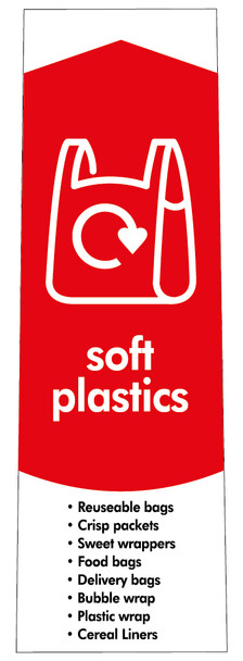 PC115SP - Narrow sticker with white outline of a carrier bag situated on red background, featuring soft plastics text with a list of acceptable packaging and recycling logo