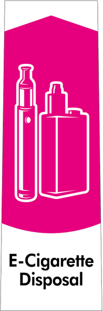 PC115ECD - Narrow sticker with the white outline of two e-cigarettes on bright pink background and featuring e-cigarette disposal text