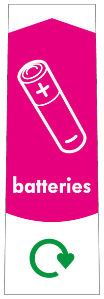PC115B - A narrow sticker with the white outline of a battery situated on pink background and featuring the recycling logo and batteries text