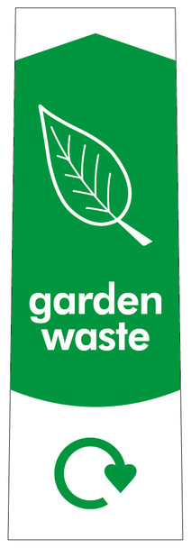 PC115GA - Narrow sticker with the white outline of a leaf on green background, featuring recycling logo and garden waste text