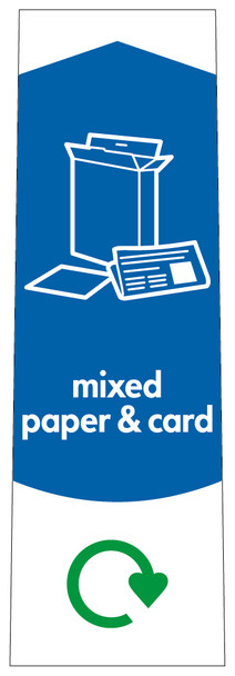 PC115PC - Narrow sticker with the white outline of paper & cardboard boxes on blue background, featuring recycling logo and mixed paper & card text