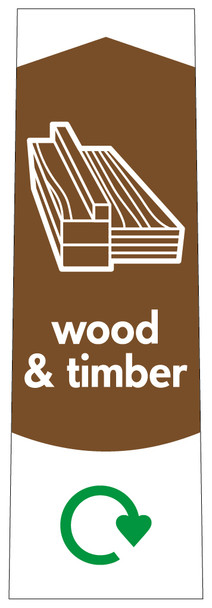 PC115WT - Narrow sticker with the white outline of planks of wood on brown background, featuring recycling logo and wood & timber text