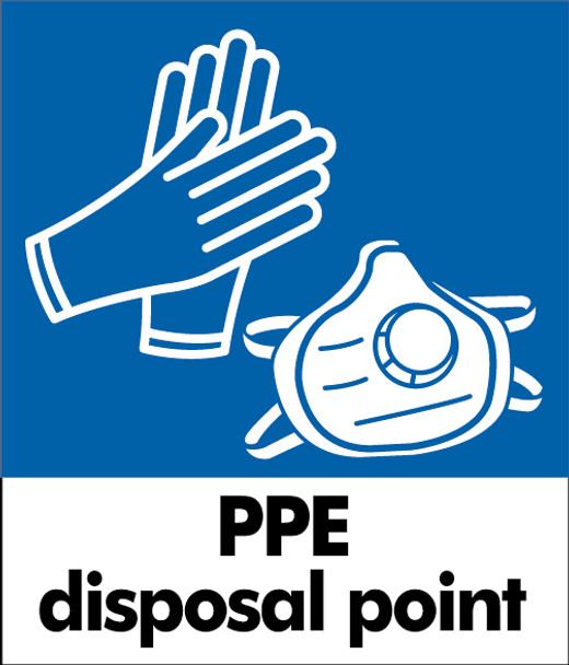 PC85PPED - A small square sticker with white outline of a gloves & mask situated on blue background, featuring recycling logo and PPE Disposal Point text