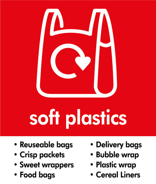 PC85SP - A small square sticker with white outline a carrier bag situated on red background and featuring soft plastics text with a list of acceptable packaging