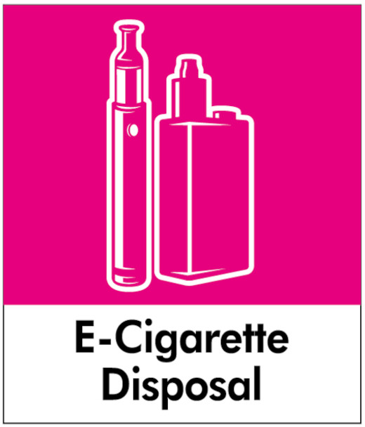 PC85ECD - small square sticker with the white outline of two e-cigarettes on bright pink background and featuring e-cigarette disposal text