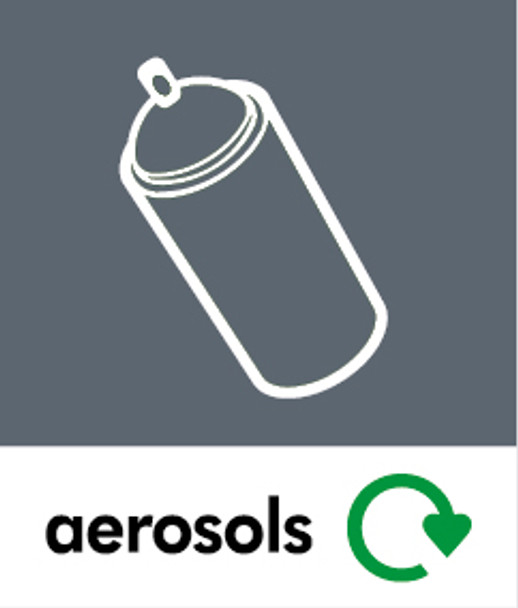 PC85A - A small square sticker with the white outline of an aerosol can situated on grey background and featuring the recycling logo and aerosols text