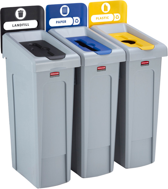 2057607 - Rubbermaid Slim Jim 3-Stream Recycling Station Bundle - Landfill/Paper/Plastic