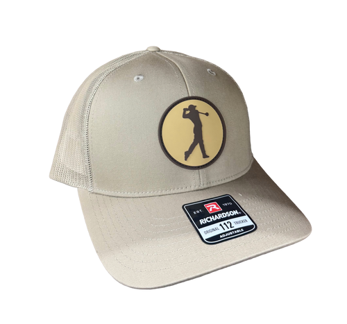 Shop the Golfer Hat by Little River—featuring a tan design with a golfer silhouette patch and Richardson 112 fit. Perfect for golf lovers on and off the course.