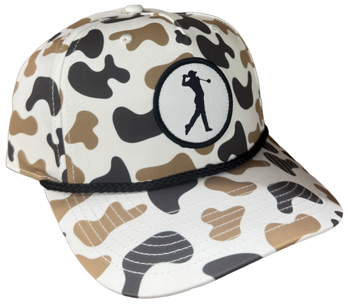 Golfer 258 hat in custom duck camo featuring golfer silhouette patch and rope detail.