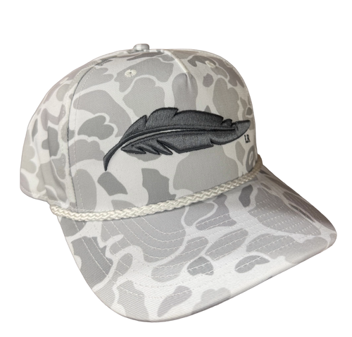 Shop the Raised Feather Hat – a grey camo rope cap with raised feather embroidery and snapback fit. Perfect blend of heritage style and modern design.