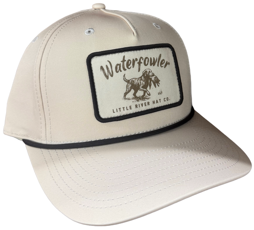 WaterFowler 258 trucker hat in Khaki with dog retrieving bird patch and rope detail