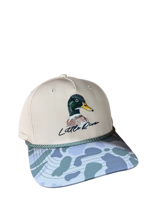 Embroidered mallard duck 258 hat with khaki crown and camo bill performance fabric snapback