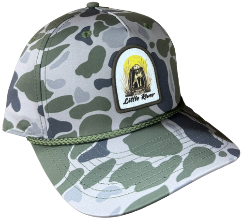 Dog Kennel 258 marsh camo performance hat featuring sporting dog patch and rope detail.
