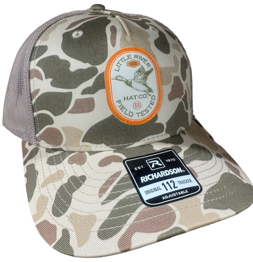 Richardson 112 Field Tested hat in Harvest Duck Camo featuring flying duck patch and mesh back.