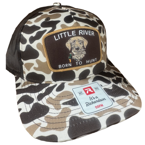 Richardson 112 Born To Hunt hat in Bark Duck Camo featuring hunting dog patch and mesh back.