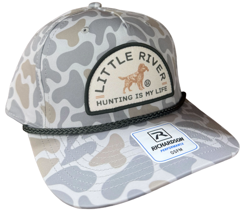 Little River Hunting Is My Life 258 Hat in Camo with rope and hunting dog patch.