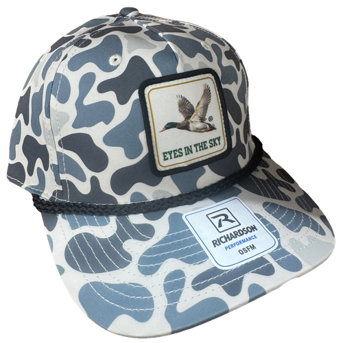 Little River Eyes in the Sky Richardson 258 hat in Slate Camo with black rope and mallard duck patch.