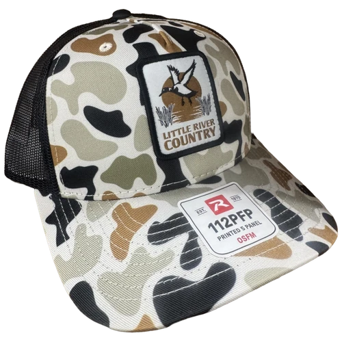 Little River Country 112 camo trucker hat with flying duck patch and black mesh back