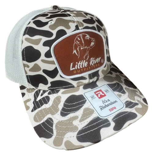 Little River Outfitters 112 camo trucker hat with brown dog patch and light mesh back