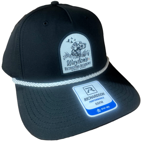 Waylon’s Retrieving Academy 258 black Richardson performance hat with white rope and retriever patch