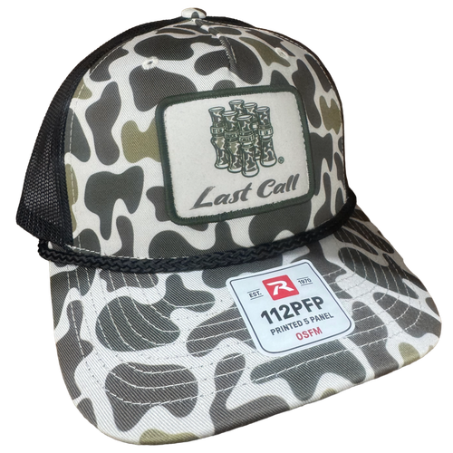 Last Call 112 Richardson hat in LR Green Duck Camo with black mesh, black rope, and duck call patch
