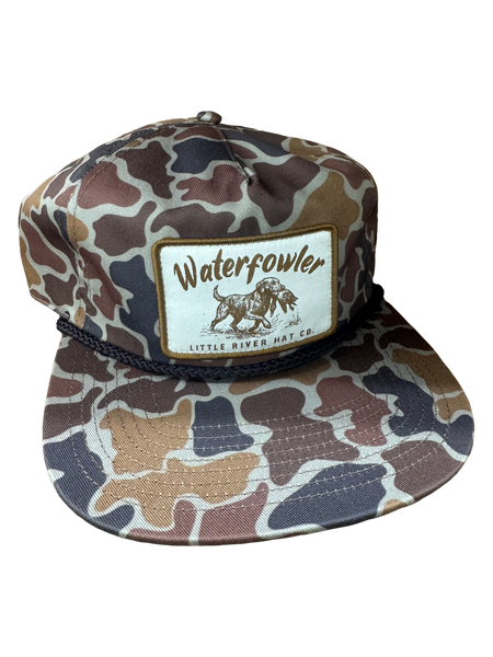Little River WaterFowler custom camo rope flat bill hat with retriever patch and unstructured 5-panel design.