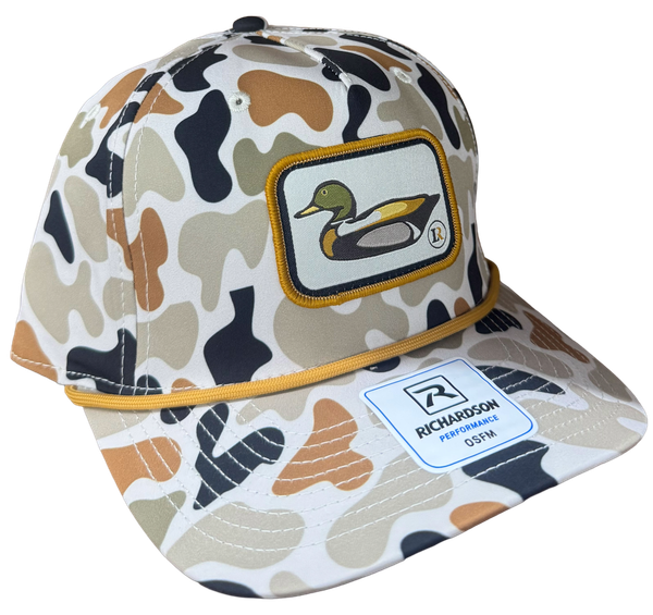 Little River Wood Duck 258 Hat in New School Camo with orange rope and embroidered wood duck patch.