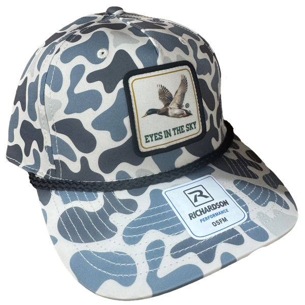 Little River Eyes in the Sky Richardson 258 hat in Slate Camo with black rope and mallard duck patch.