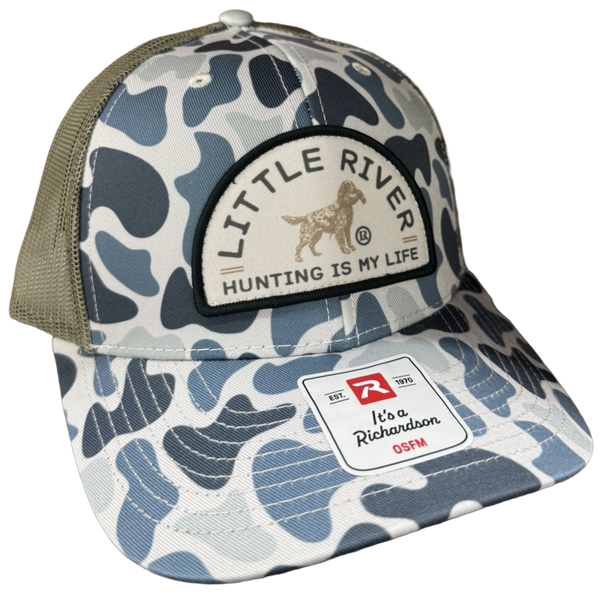 Hunting Is My Life 112 camo trucker hat with Little River hunting dog patch and olive mesh back