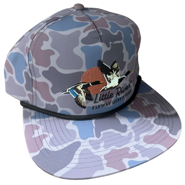 Little River Flyway Outfitters duck camo hat in cotton nylon blend with embroidered flying ducks and rope detail