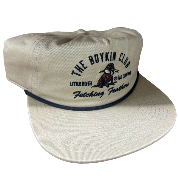 Boykin Club cotton twill hat with black rope and embroidered Boykin spaniel design