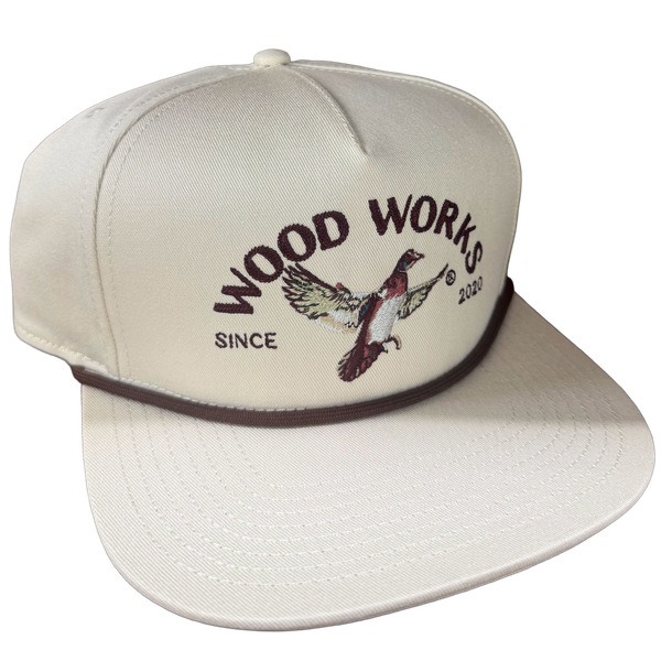 Wood Works heavy washed cotton twill hat with brown rope and embroidered flying mallard design