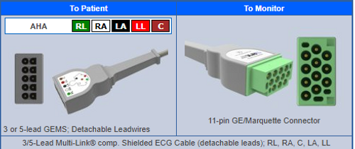 3/5-Lead Multi-Link® comp. Shielded ECG Cable (detachable leads) RL, RA, C, LA, LL