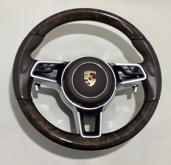 2015-2018 Porsche Macan Sport Steering Wheel w/ Airbag Upgrade Kit / Saddle Brown Leather / Dark Walnut Wood Trim /   PM004